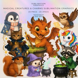 Ensemble de sublimation de breloques créatures magiques PNG, Dragon, licorne, hibou, chat, raton laveur pour chemises, gobelets, travaux manuels, cadeaux.
