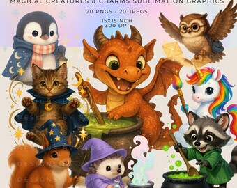 Magical Creatures Clipart Set: Fantasy Animals, Charms (PNG, JPEG, 300 DPI)