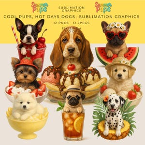 Cool Dogs Hot Days sublimatieset, zomerpuppy clipart png's, ijs, watermeloen, fruit, ijsthee voor shirts, bekers, geschenken, ambachten.