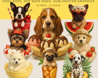 Summer Dog Clipart Set, Fruit, Ice Cream, Sublimation PNGs