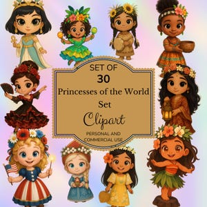 Princesses of the World Clipart Set, Chibi Cartoon Cultural Princess PNG Graphics, Diverse International Royal Girls, Sublimation Art Bundle