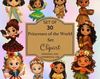 Princesses of the World Clipart: Chibi Cartoon PNG Graphics (30 Files)