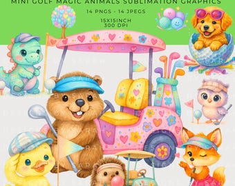 Mini Golf Animals Clipart: Sporty PNG Set for Sublimation