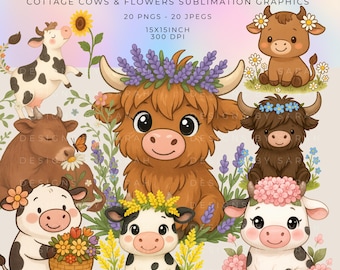 Cottage Cow & Wildflower Clipart Bundle: Highland Cow PNG JPEG (Digital Download)