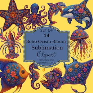 Boho Ocean Bloom Sea Creatures Clipart Collection Sublimation Floral Beach PNG for Shirts, Mugs, Tote Bags, Crafts and Coastal Decor Lobster