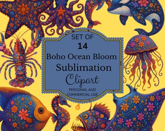 Boho Sea Creatures Clipart: Floral Ocean PNG Collection