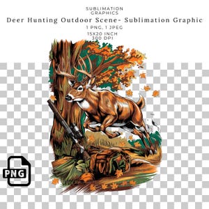 Gráfico PNG de escena al aire libre de caza de ciervos, diseño de sublimación de ciervo de cola blanca de otoño, clipart de vida silvestre de otoño para camisetas, tazas, transferencias DTF.