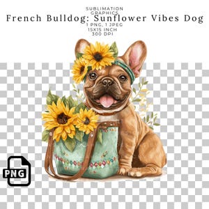 French Bulldog, Sunflowers Sublimation PNG, Cute Boho Dog Clipart, Floral Frenchie Digital Download for T-Shirts, Mugs, Summer Dog Design