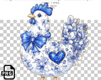Pollo azul toile PNG: Diseño floral vintage de granja (descarga digital)
