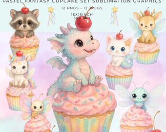 Pastel Cupcake Clipart: Dragon, Unicorn, Fairy PNGs - Commercial Use