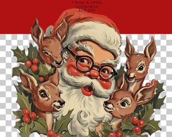 Retro Santa and Reindeer PNG, Christmas Sublimation Design