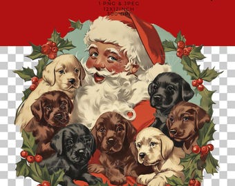 Vintage Santa Labrador Puppies Christmas Sublimation Lab Dog Graphic (PNG, JPEG)