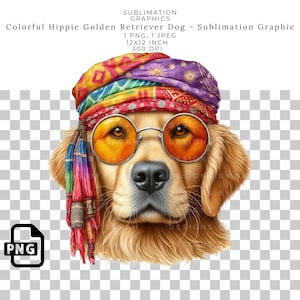 Retro Hippie Golden Retriever Sublimation Graphic, Colorful Dog Design, Boho Hippy Style PNG for T-Shirts, Mugs, Stickers, DTF Transfers.