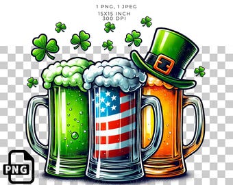 St. Patrick's Day Beer Mugs Sublimation PNG: Shamrock, Leprechaun, USA (Digital Download)