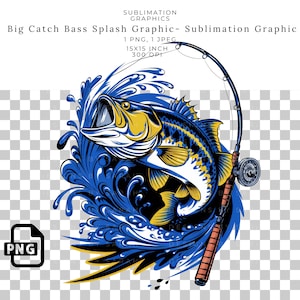 Graphisme éclaboussant de grosses prises de bar, conception de sublimation PNG de pêche, cliparts de poisson bar vibrants pour des T-shirts, des tasses, des transferts DTF et des travaux manuels.