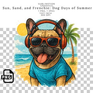 Französische Bulldogge, Sonne, Sand und Frenchie Dog Sublimationsgrafik, Sommerstrand PNG, süßer Hund in Kopfhörern Kunst für T-Shirts Tassen Becher.