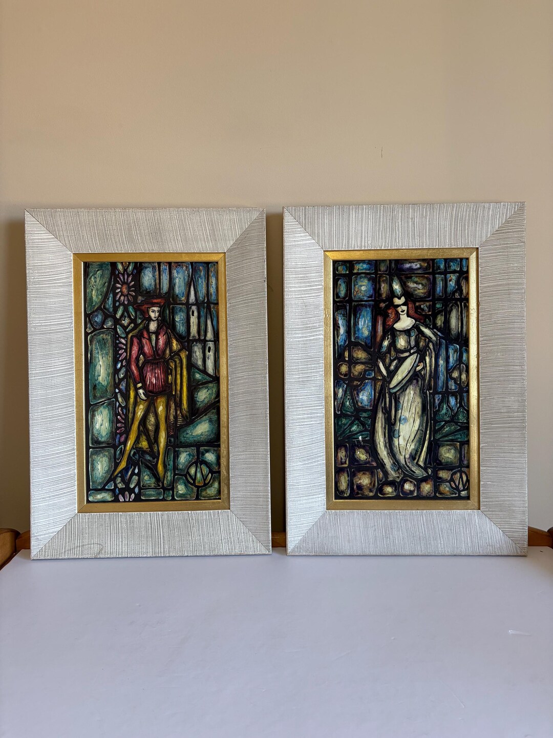 Netter Worthington Lady and Man Stained Glass Paintings on Board ...