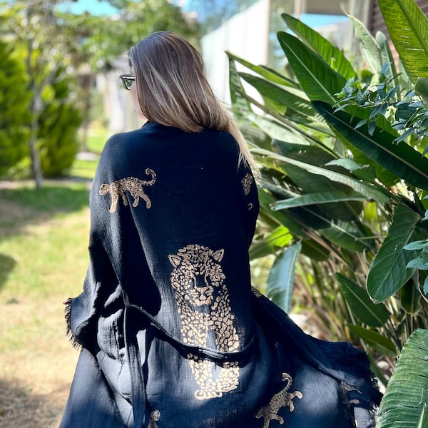 Black Muslin Kimono: Gold Leopard Print Bohemian Robe