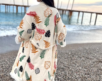 Boho muslin kimono morgonrock: Etnisk turkisk bomulls strandmössa