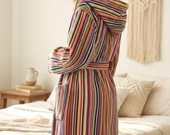 Striped Hooded Cotton Turkish Bathrobe: Unisex Colorful Pattern