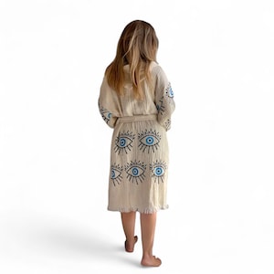 Blue Evil Eye Muslin Kimono Robe: Organic Cotton Beach Cover-Up