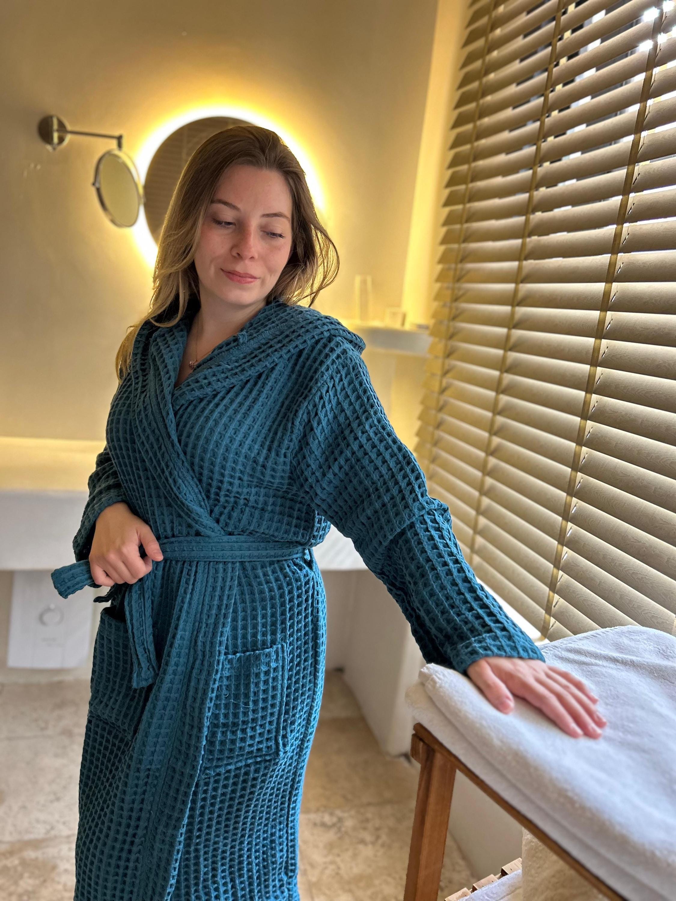 Waffle Cotton Bathrobe with Hood | Handmade Spa Robe | Lightweight Unisex Turkish Robe | Quick Dry Bathroom Loungewear | Gift for Her & Him
