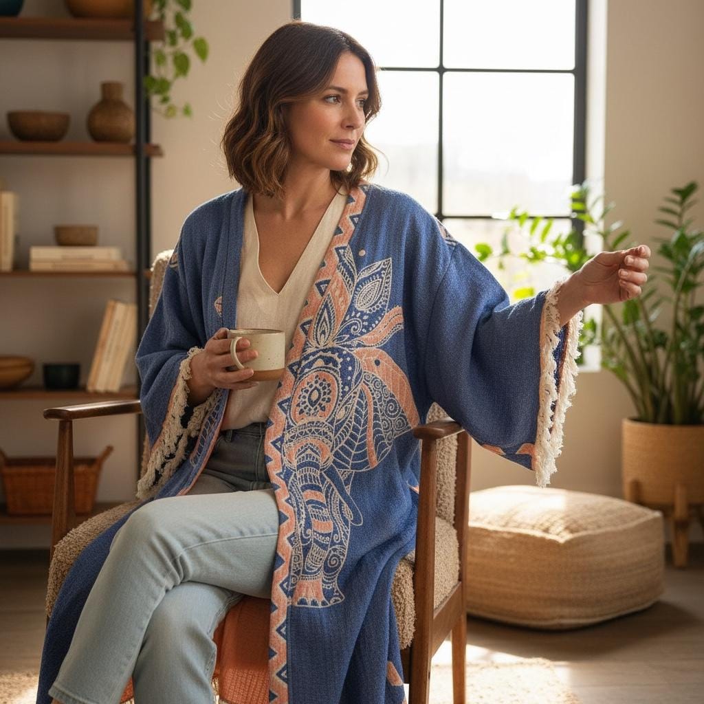 Elephant Jacquard Muslin Kimono: Handwoven Cotton Boho Robe