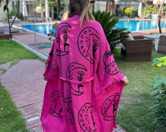 Pink Muslin Kimono Robe: Yoga Crescent Print, Organic Cotton Cover-Up
