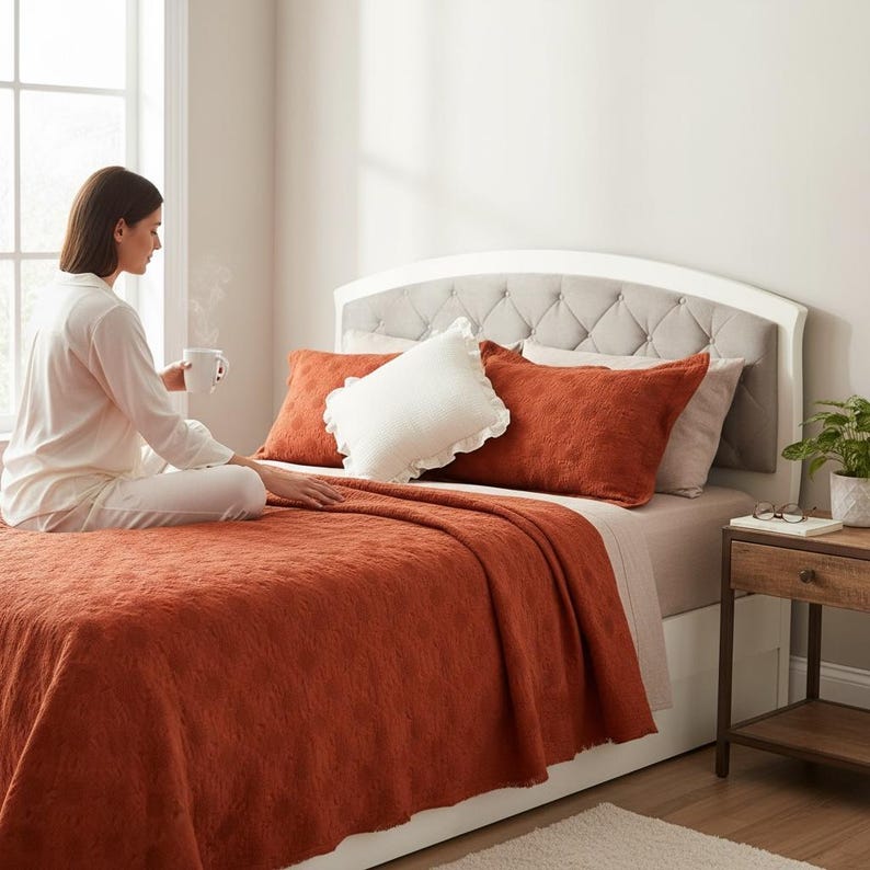 Waffel Decke aus 100% Baumwolle mit Quasten, leichte Boho Queen, King Bed Cover Terracotta