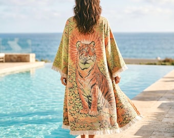 Bata kimono de muselina con estampado de tigre estilo bohemio, pareo de playa de jacquard de algodón.