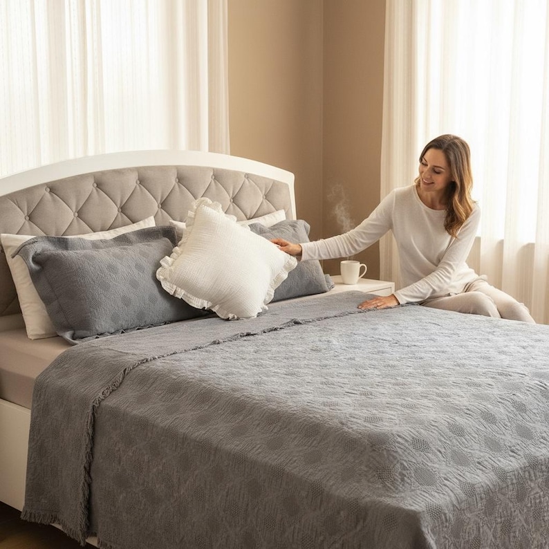 Waffel Decke aus 100% Baumwolle mit Quasten, leichte Boho Queen, King Bed Cover Gray