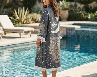 Boho Muslin Robe with Evil Eye and Owl – 3 Layer Cotton Kimono Beach Cover Up