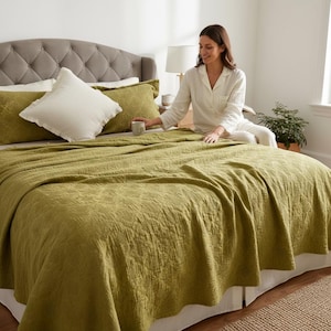 Waffel Decke aus 100% Baumwolle mit Quasten, leichte Boho Queen, King Bed Cover Green