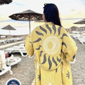Sun & Moon Jacquard Muslin Kimono with Pockets, Handwoven Cotton Boho Robe