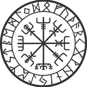 May include: Black and white illustration of a Vegvisir, a Norse directional symbol, surrounded by runes. The symbol is a compass with eight spokes, each ending in a stylized arrowhead.