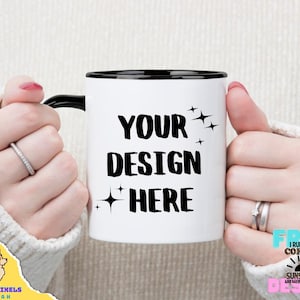 Model Mug Mockup | 11 oz. Ceramic Mug Mockup | White Coffee Mug with Black Handle & Rim  Styled Stock Photo | Digital JPEG IMAGE