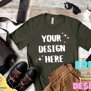 Bella Canvas 3001 Mockup: Heather Military Green T-shirt Flatlay