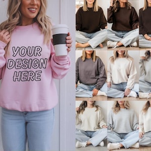 25+ Gildan 18000 Sweatshirt Mockup Bundle | G180 Crewneck Mock-up Bundle Real Model Mock Neutral Simple Aesthetic Fall Winter Gildan 18000