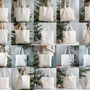Tote Bag Mockup Bundle, Christmas Theme Natural Tote Bag Mockup, Natural Shopping Bag Mockups, Festive Tote Bag Mockup, Holiday Bag
