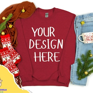 Antique Cherry Red Gildan 18000 Sweatshirt Mockup: Christmas Flatlay (Digital Download)