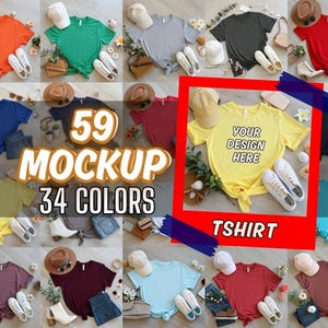 Bella Canvas 3001 T-shirt Mockup Bundle: 148 Colors, Boho Flat Lay (PNG Transparent Background)