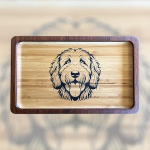 Personalized Doodle Dog Tray: CNC Carved Wood Catchall with Epoxy Inlay