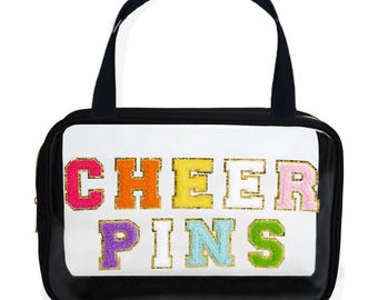 CHEER PINS bag with chenille lettering. Cheerleading clip peg holder. Cheerleader gift.
