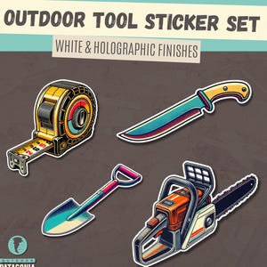 May include: Set of four outdoor tool stickers featuring a tape measure, a knife, a shovel, and a chainsaw. The stickers are white with holographic finishes and have a retro design.