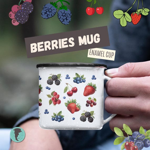 Berries Enamel Mug | 12oz Outdoor Coffee Cup | Strawberries, Raspberries & Blueberries Design