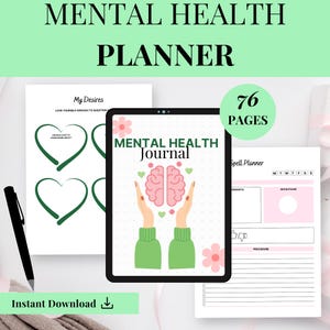 Könnte beinhalten: Ein digitaler Mental-Health-Planer mit dem Text "MENTAL HEALTH PLANNER" oben. Der Planer enthält ein Journal, einen Zauberplaner und Seiten mit Herzmotiven. Das Bild zeigt auch einen Stift und die Worte "Instant Download".