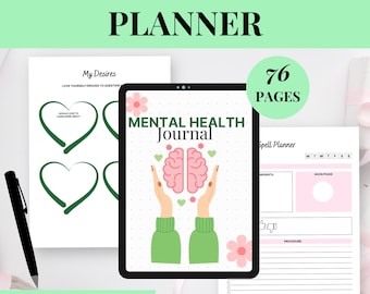 May include: A digital mental health planner with the text "MENTAL HEALTH PLANNER" at the top. The planner includes a journal, a spell planner, and pages with heart designs. The image also shows a pen and the words "Instant Download".