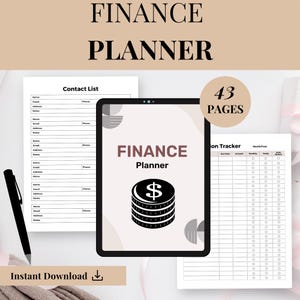 May include: A digital finance planner with a black tablet displaying "FINANCE Planner" and a stack of coins with a dollar sign. Includes a contact list, debt tracker, and the text "43 PAGES". A black pen is on the left.