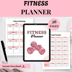 以下が含まれることがあります： 上部に「FITNESS PLANNER」の文字が入ったフィットネスプランナー。プランナーには、7日間のチャレンジ、フードトラッカー、ピンクのダンベルのグラフィックが入ったデジタルタブレットが含まれています。「36 PAGES」の文字も表示されています。