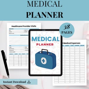 Może przedstawiać: Planer medyczny z tytułem "MEDICAL PLANNER" pogrubioną czcionką. Obraz zawiera tablet wyświetlający niebieską ikonę torby medycznej z białym krzyżem i liczbę stron 38. Widoczne są również słowa "Instant Download".